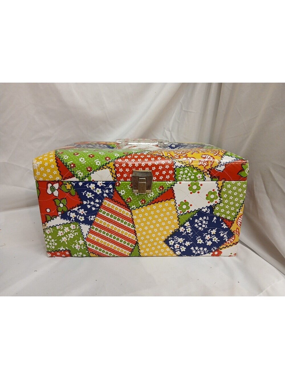 Retro 1970s Colorful Quilted Patchwork Print Sewing Box with Organizer Tray